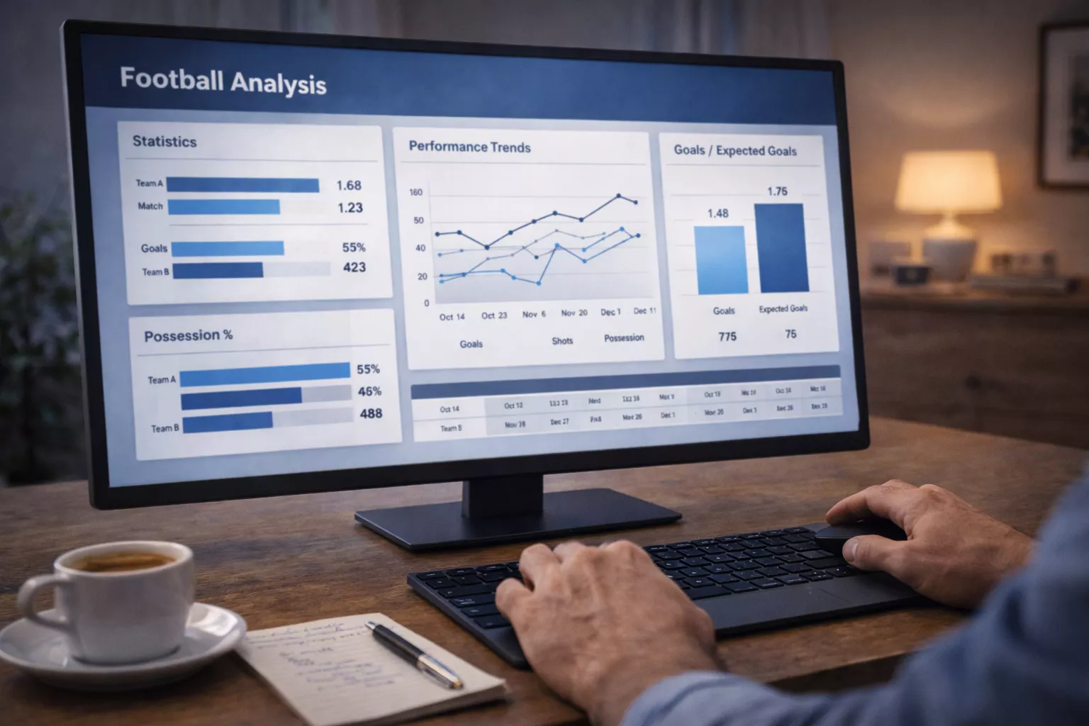 Schermo con grafici e statistiche di partite di calcio