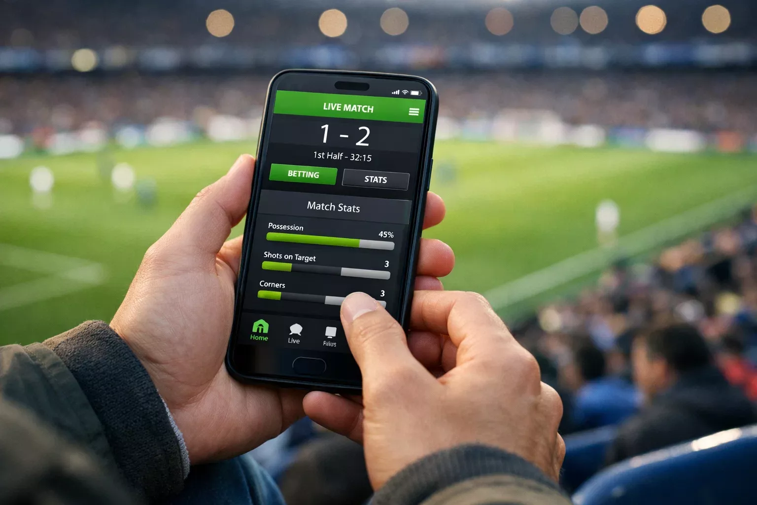 Mani che tengono uno smartphone con un'applicazione sportiva aperta in uno stadio