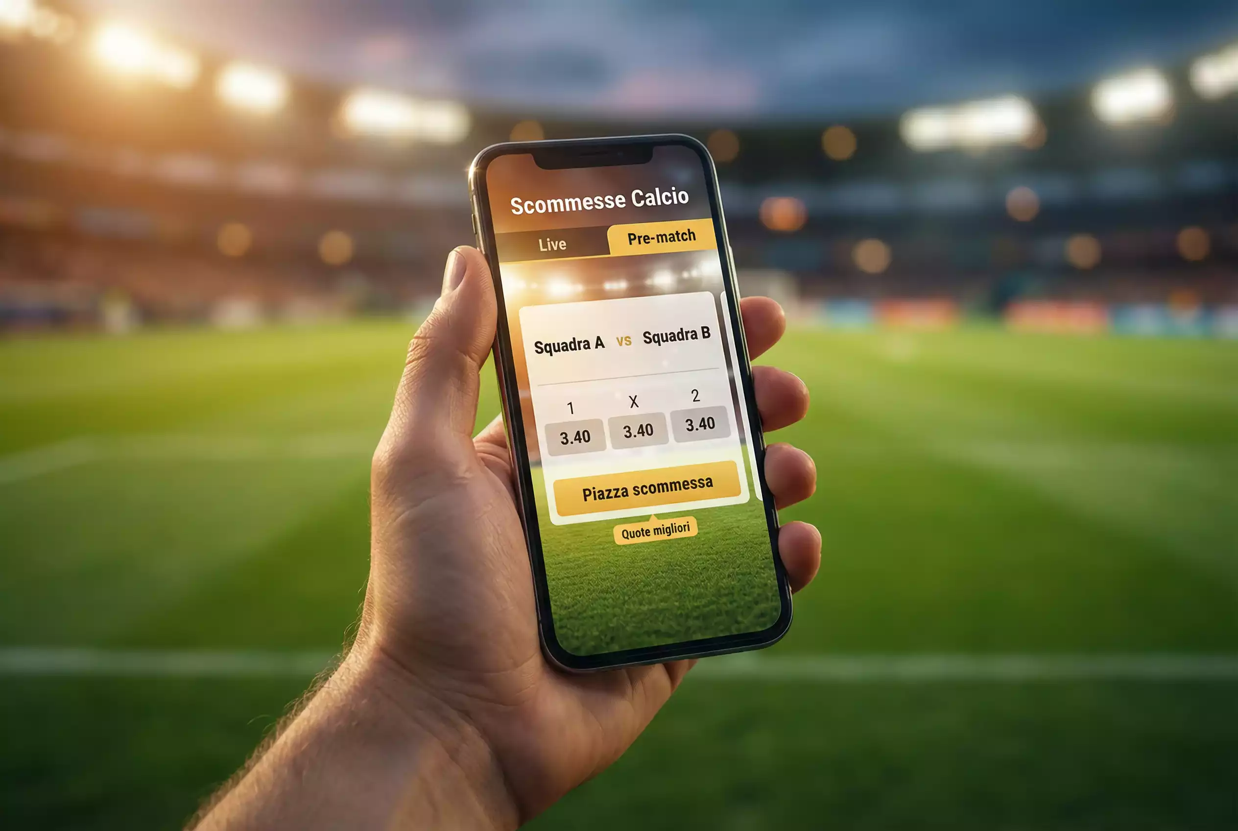 Mano che tiene uno smartphone davanti a un campo di calcio in erba durante una partita serale