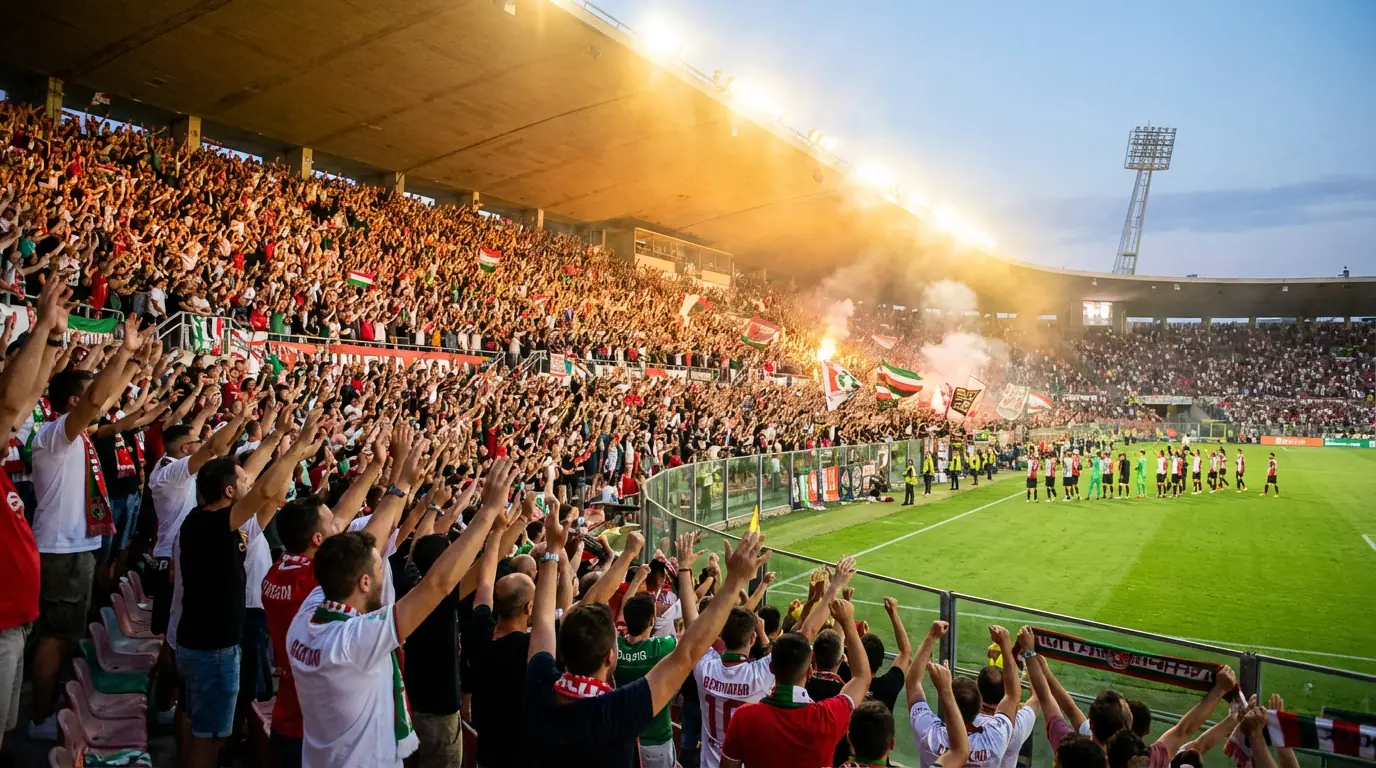 Tifosi di calcio festeggiano allo stadio durante una partita serale sotto le luci dei riflettori