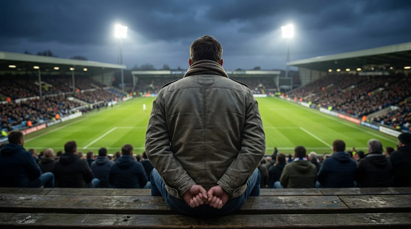 Tifoso allo stadio di calcio che guarda il campo in erba illuminato stringendo le mani in attesa del risultato