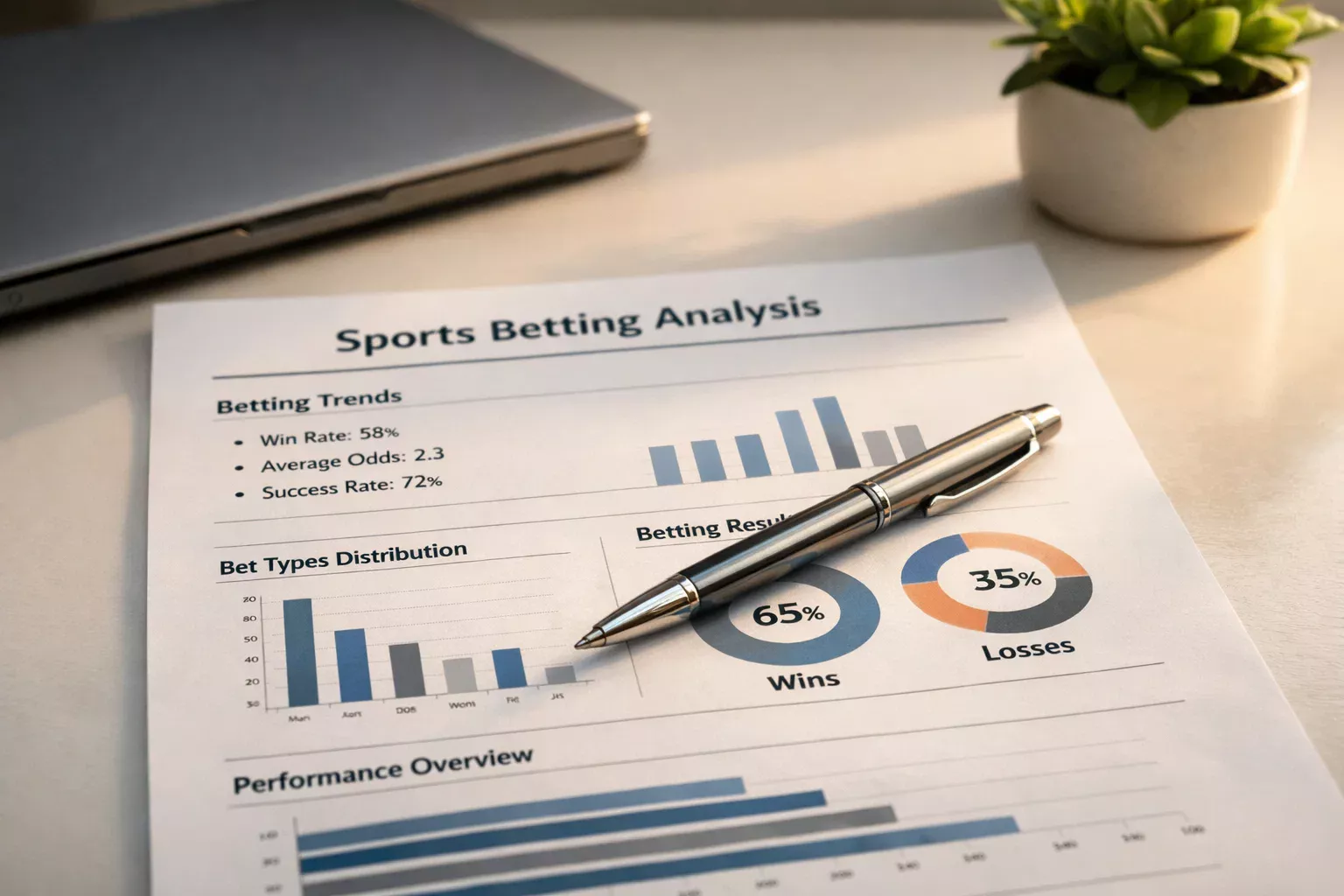 Documento con analisi statistica e grafici a barre su una scrivania con penna