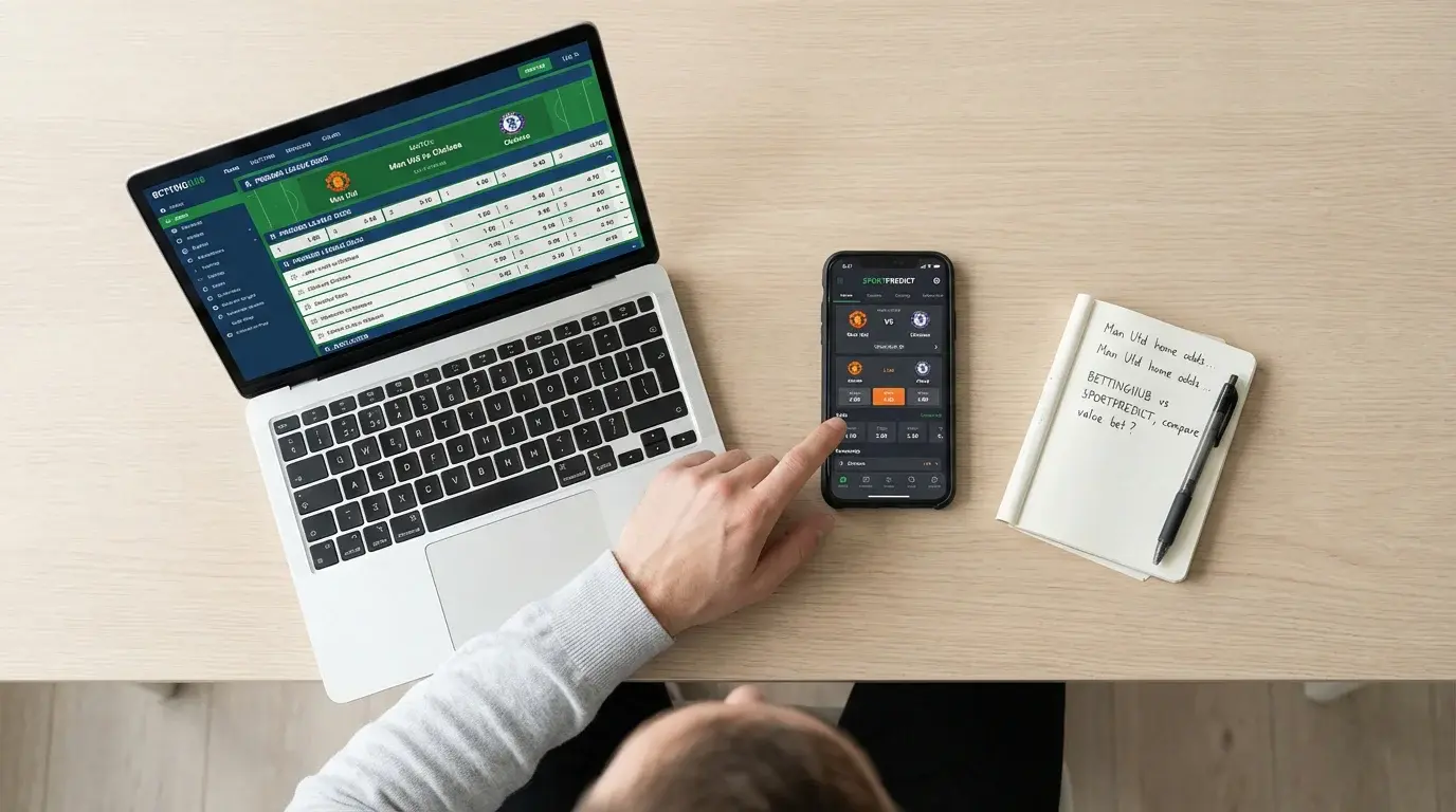 Persona che confronta siti di scommesse sportive su laptop e smartphone
