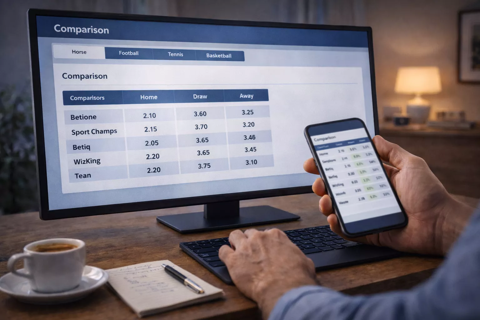 Persona che confronta quote su laptop e smartphone