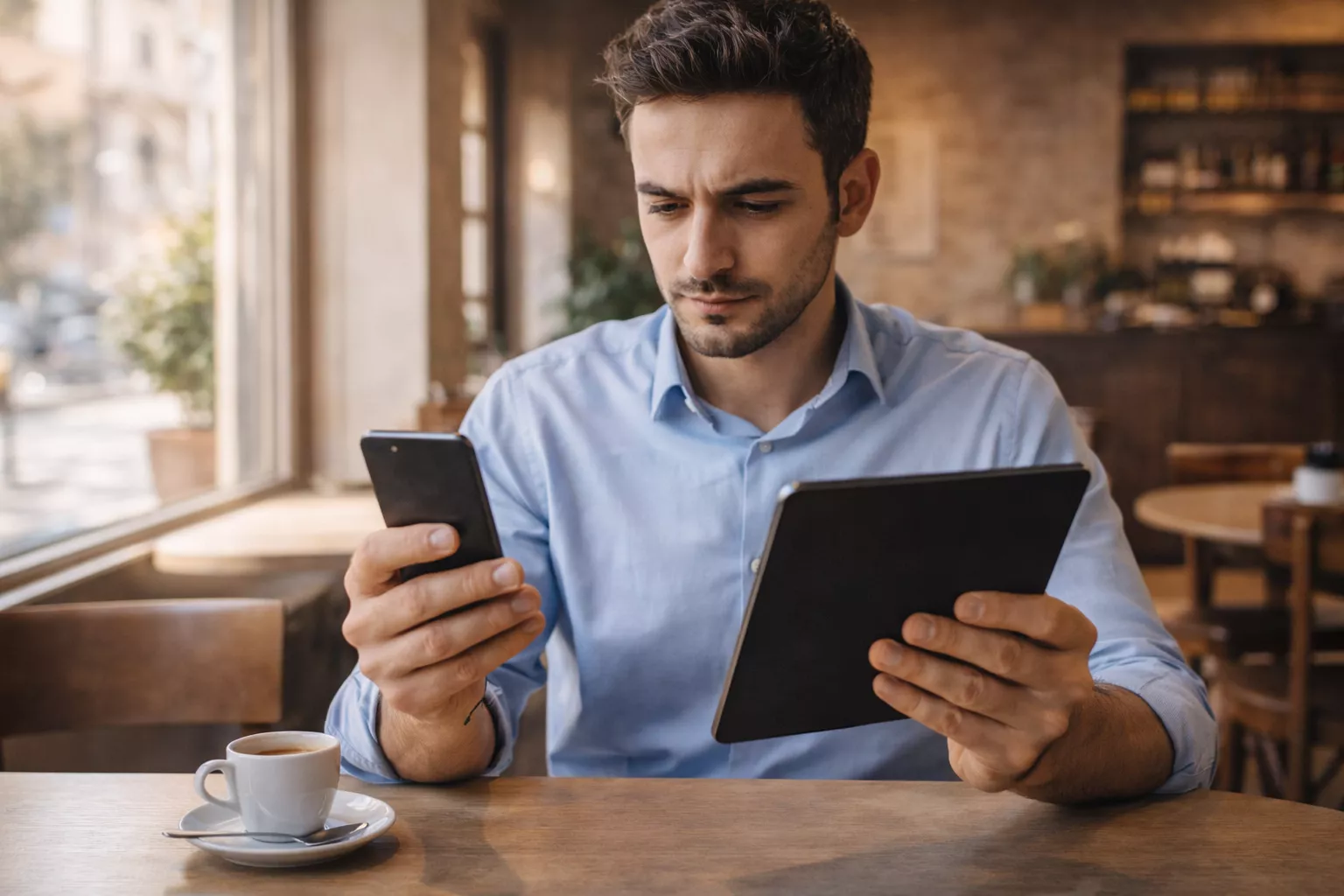 Giovane professionista sceglie tra smartphone e tablet per navigare