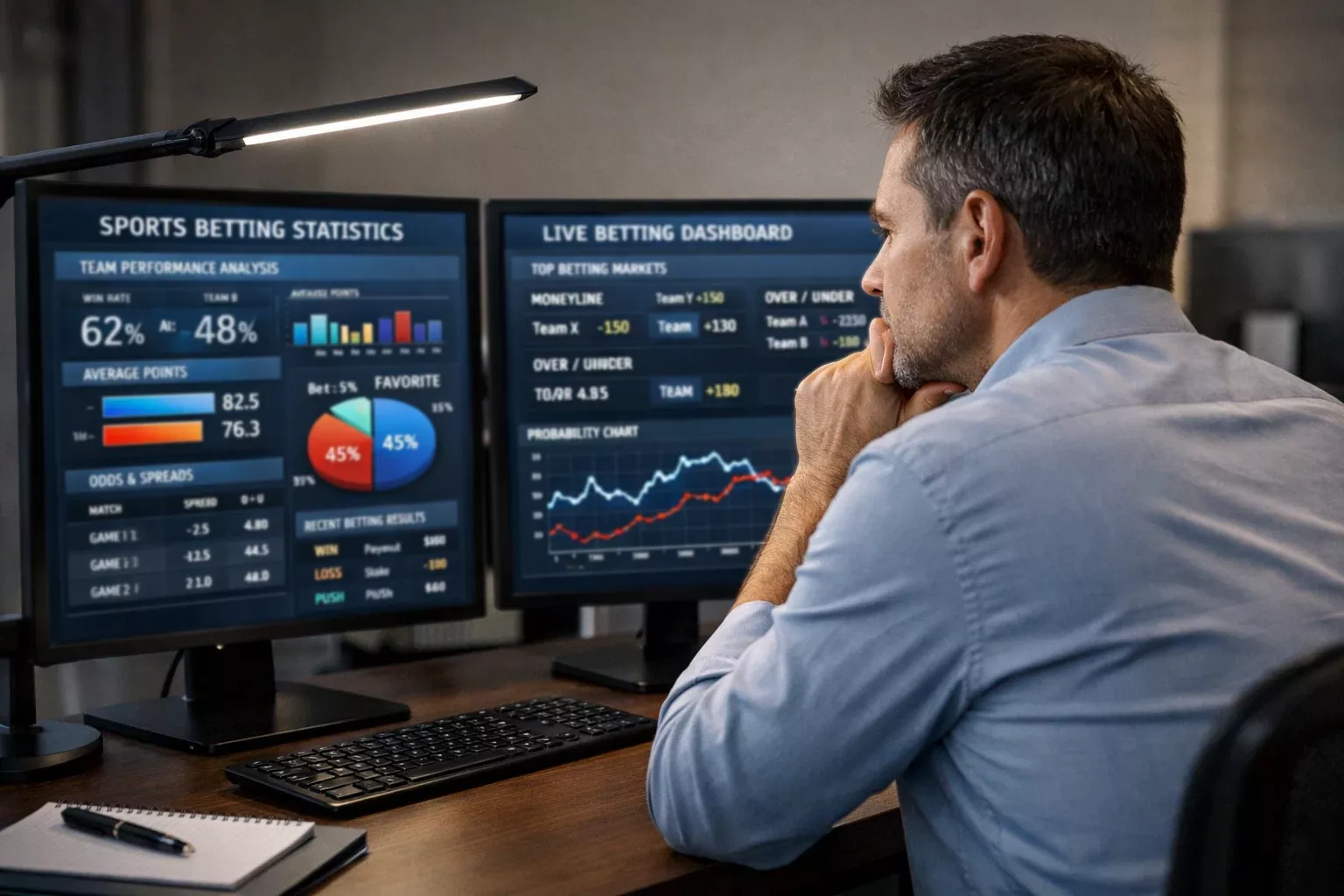 Analista sportivo studia statistiche delle quote su monitor