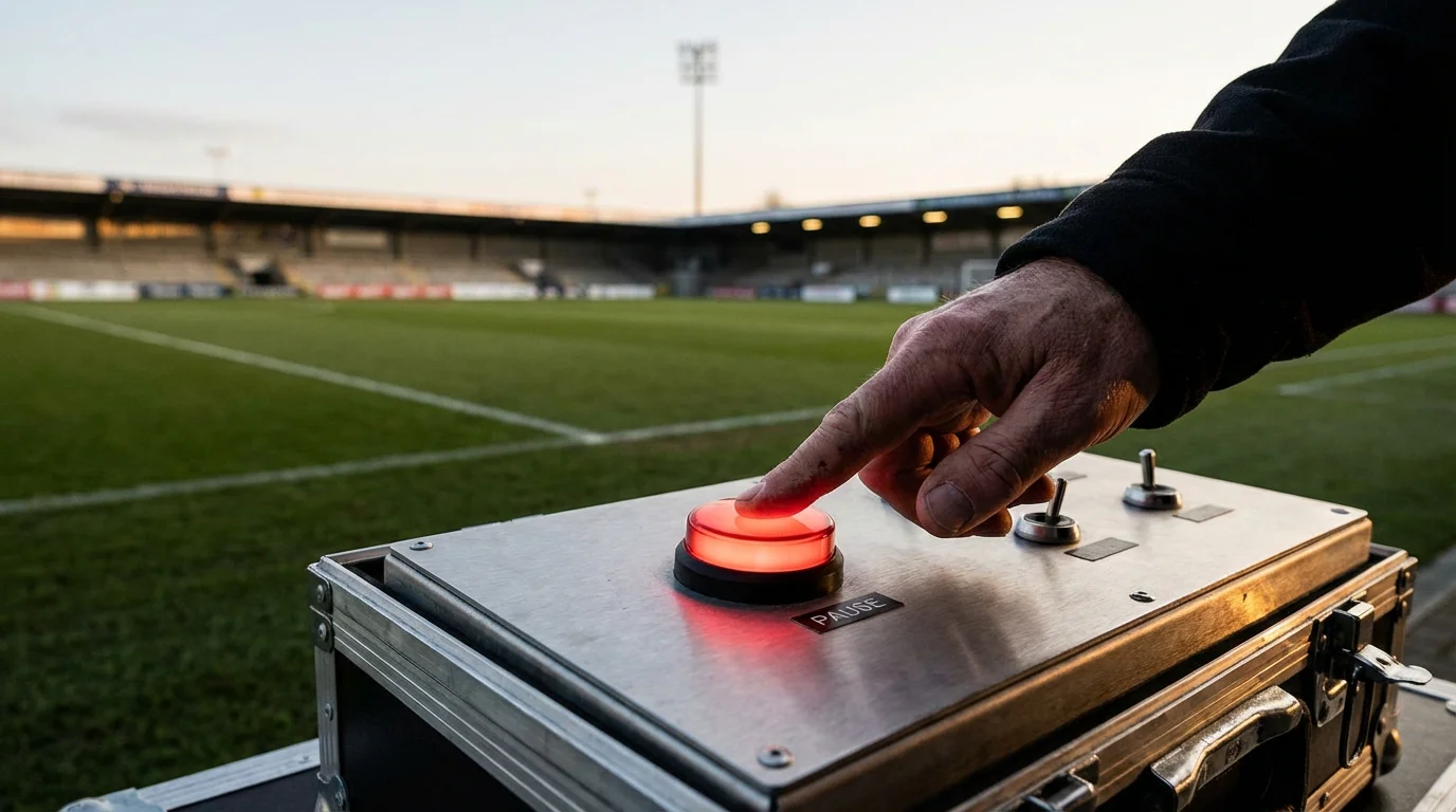 Mano che preme un pulsante di pausa su un pannello luminoso in uno stadio di calcio
