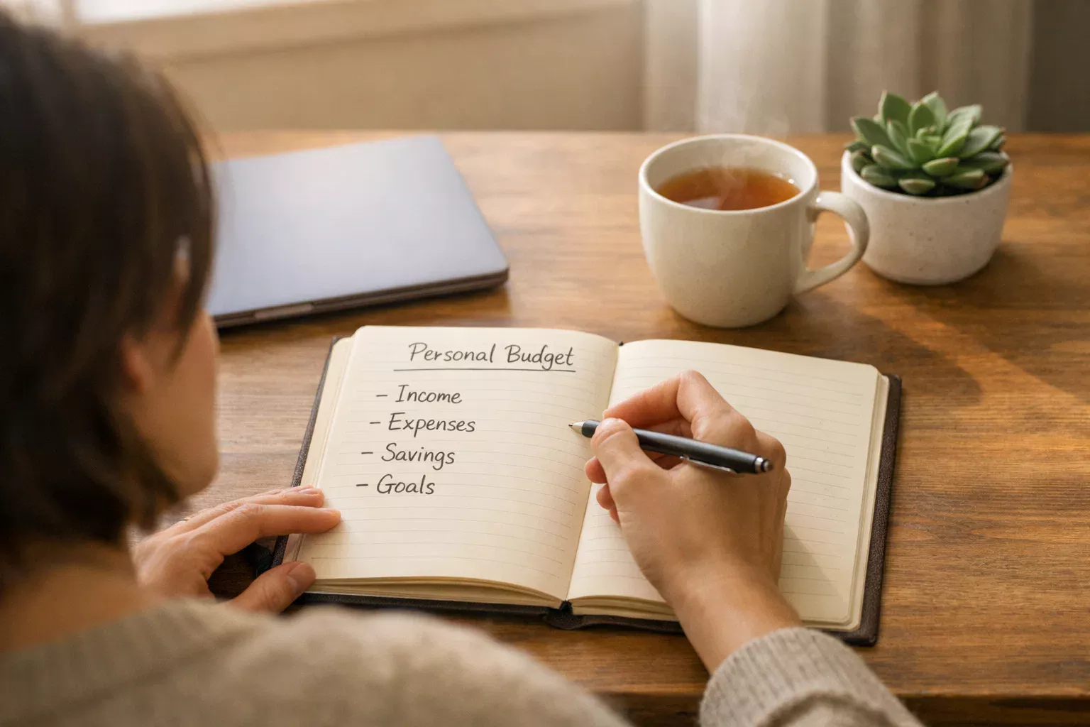 Persona seduta alla scrivania che pianifica il proprio budget su un blocco note