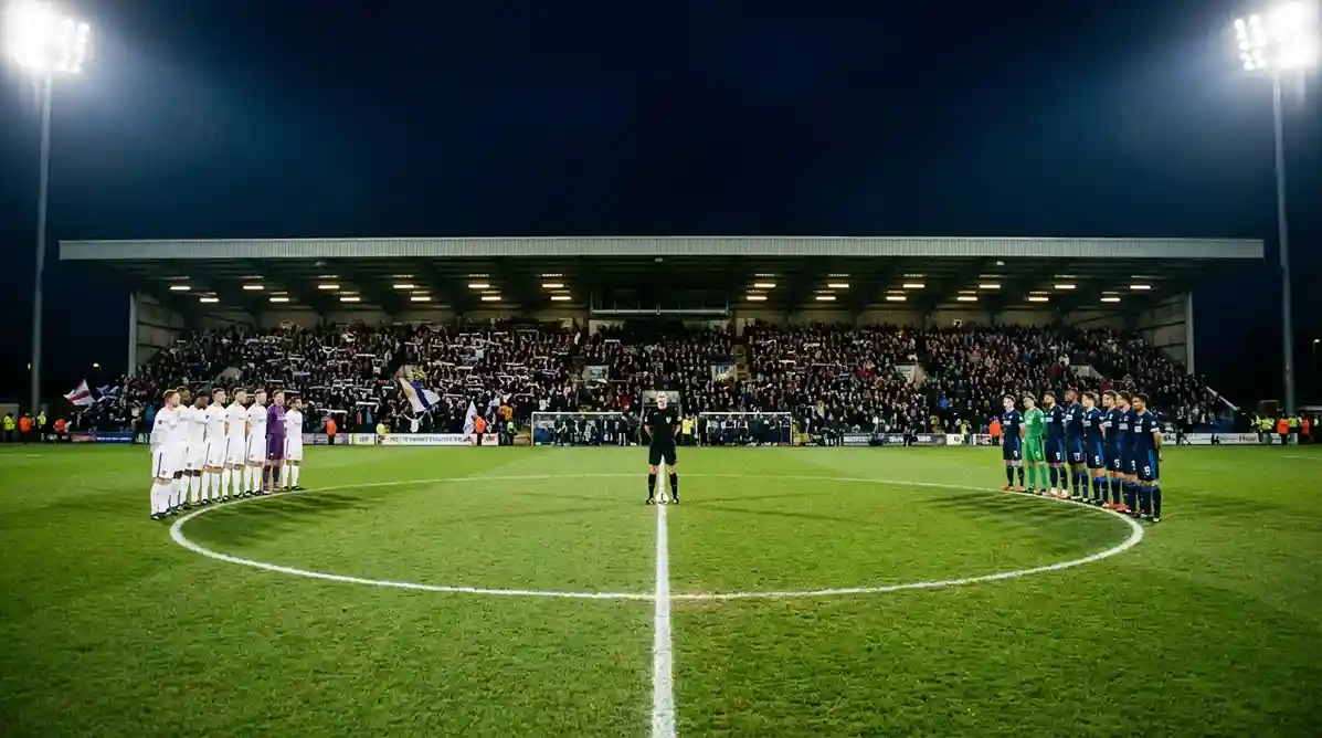 Due squadre di calcio schierate a centrocampo su un campo in erba prima del fischio d'inizio serale