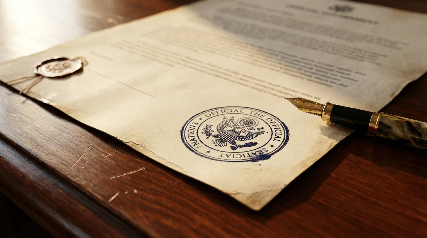 Primo piano di un documento ufficiale con timbro su una scrivania in legno illuminata da luce naturale