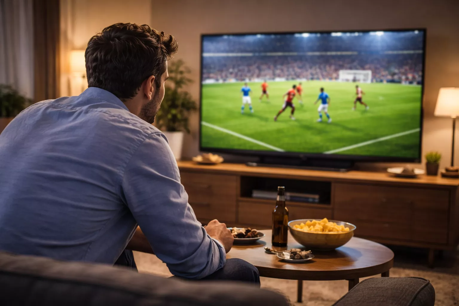 Uomo concentrato segue partita di calcio sul televisore nel salotto