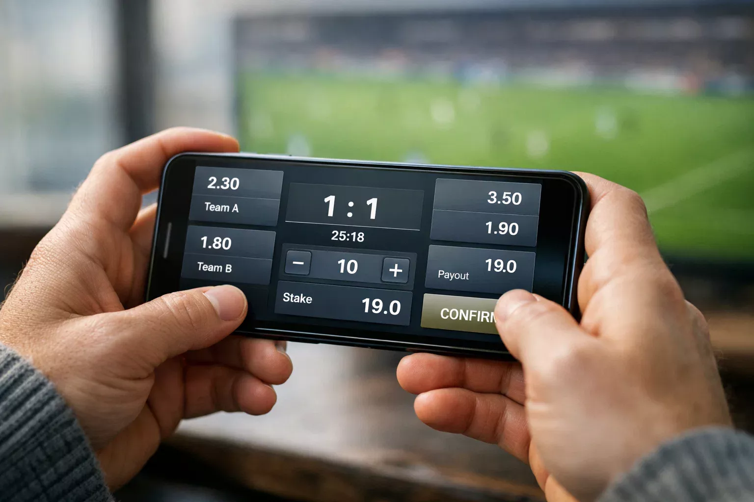 Mani che tengono smartphone durante partita di calcio dal vivo