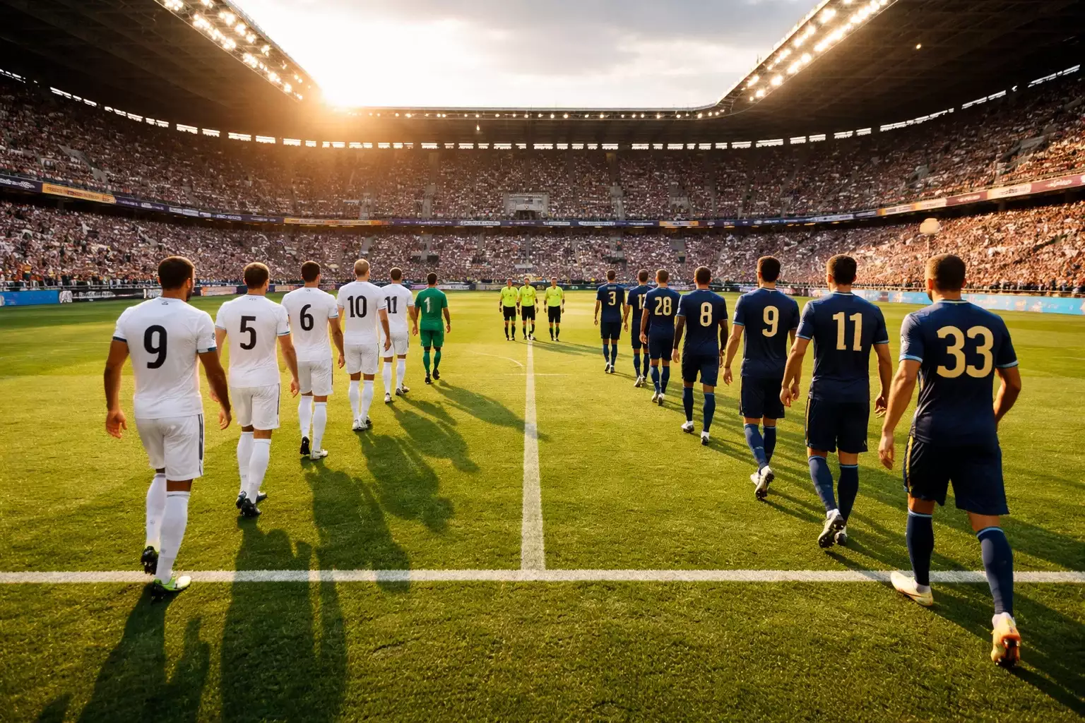 Squadre di calcio entrano in campo su prato verde prima della partita