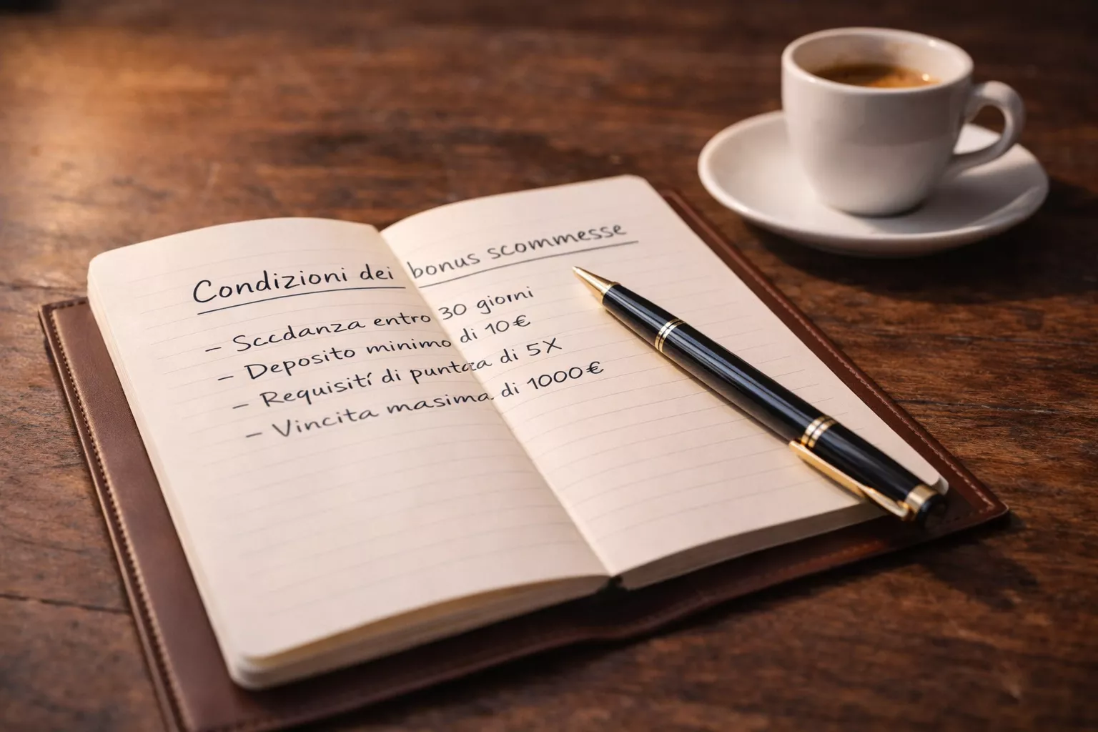 Blocco note con appunti sui termini e condizioni dei bonus scommesse