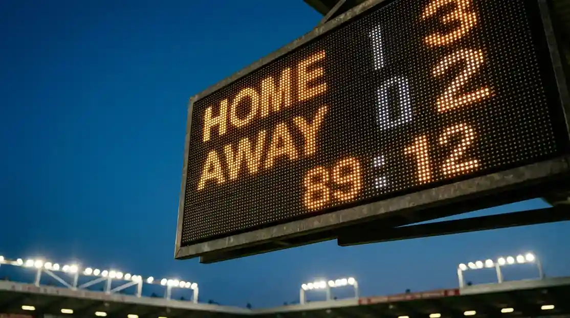 Veduta ravvicinata di un tabellone segnapunti luminoso in uno stadio di calcio durante una partita serale