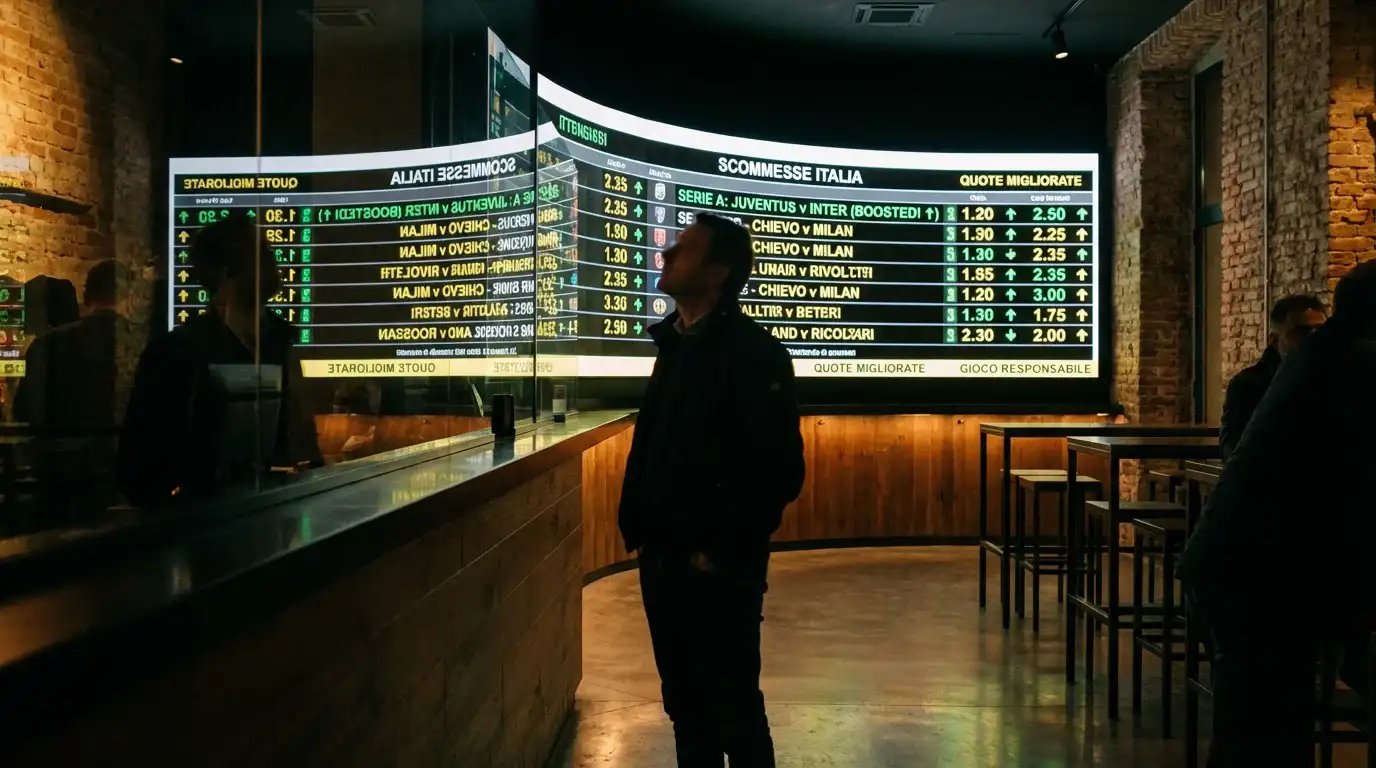 Tabellone luminoso con quote di scommesse calcistiche in una sala scommesse