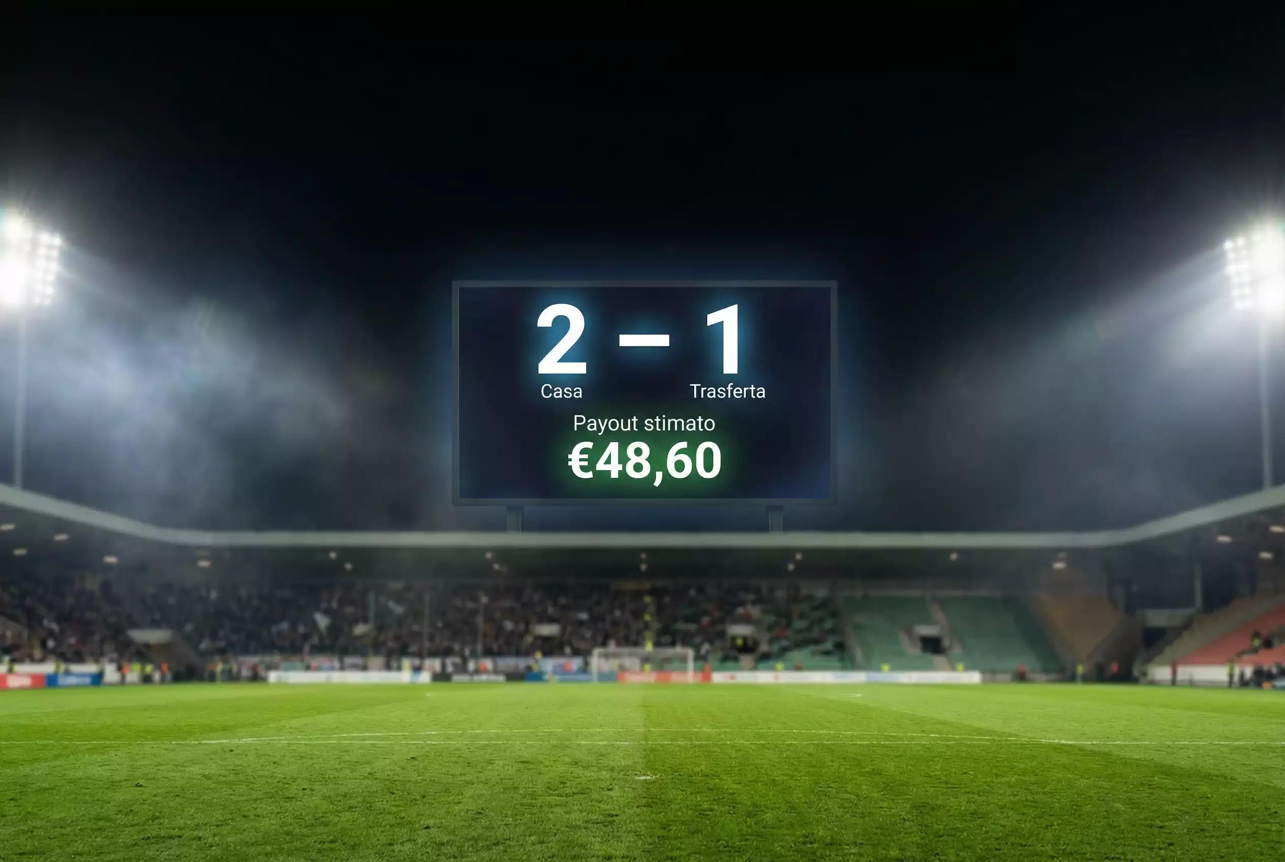 Tabellone luminoso di uno stadio di calcio con numeri e punteggi visibili durante una partita serale