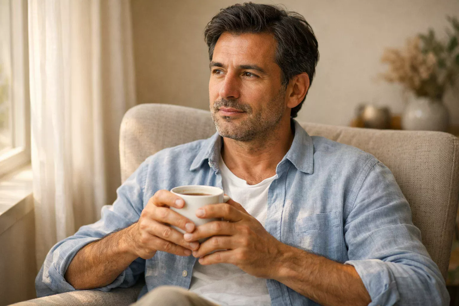 Uomo fa una pausa riflessiva con tazza di caffè in mano
