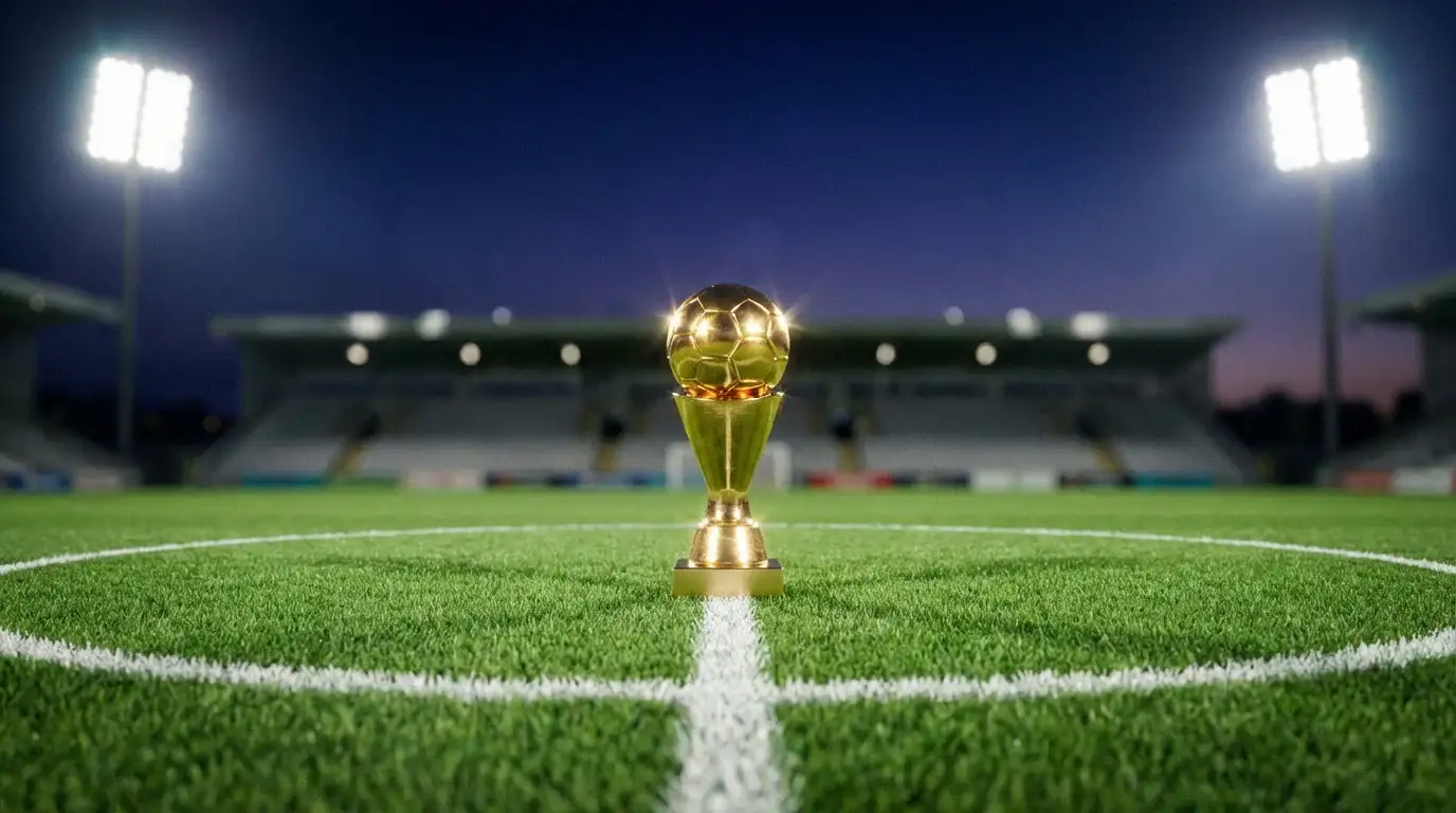 Trofeo dorato su un piedistallo al centro di un campo di calcio in erba illuminato dai riflettori serali