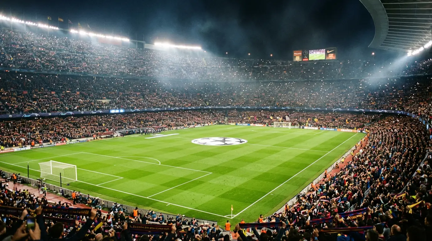 Stadio di calcio europeo illuminato di notte durante una partita di Champions League con tifosi sugli spalti