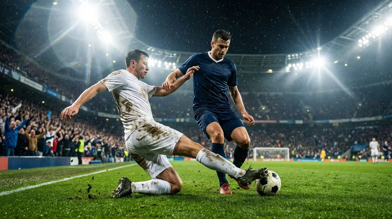 Azione di gioco su un campo di calcio in erba durante una partita serale con stadio illuminato