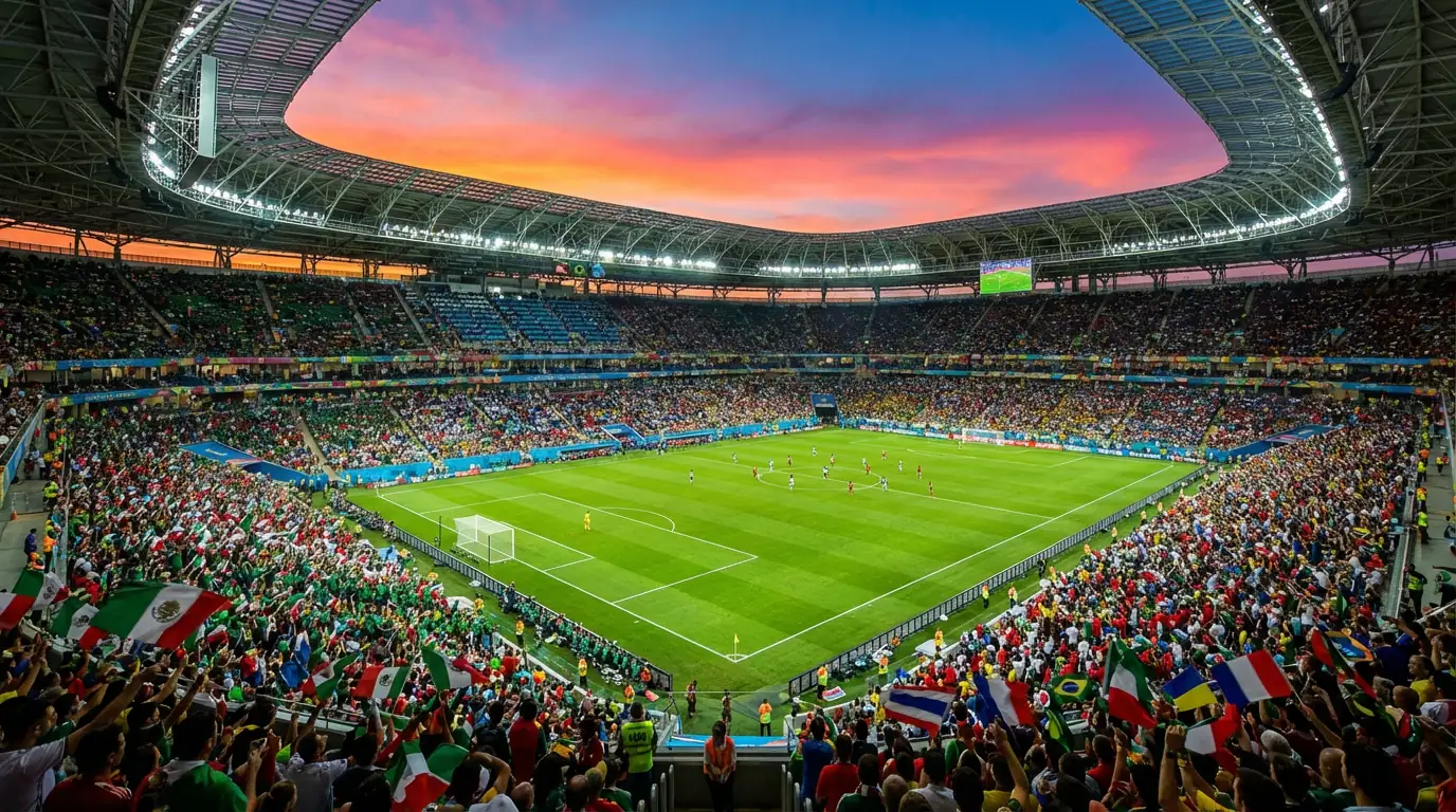 Veduta panoramica di un grande stadio di calcio pieno di tifosi con bandiere nazionali durante una partita serale