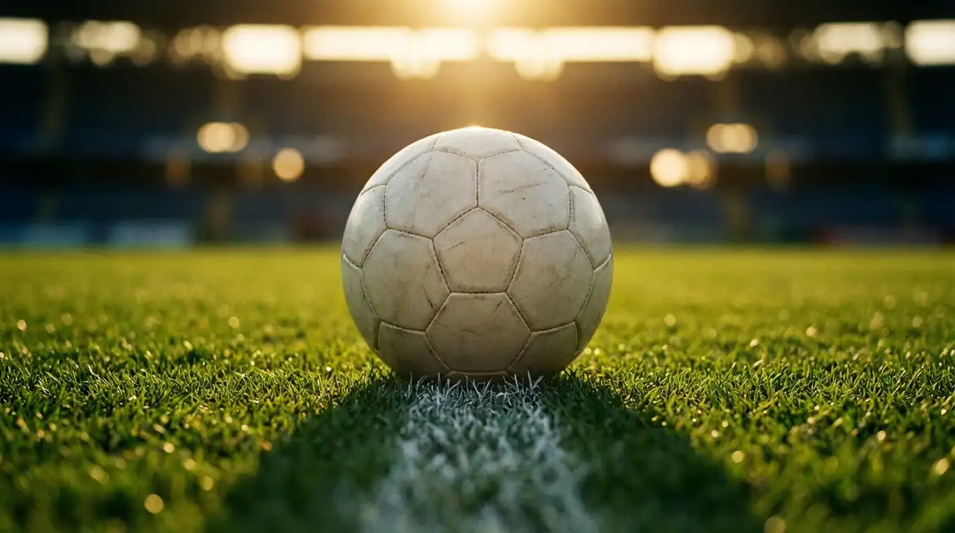 Pallone da calcio sulla linea bianca di un campo in erba naturale illuminato dai riflettori di sera