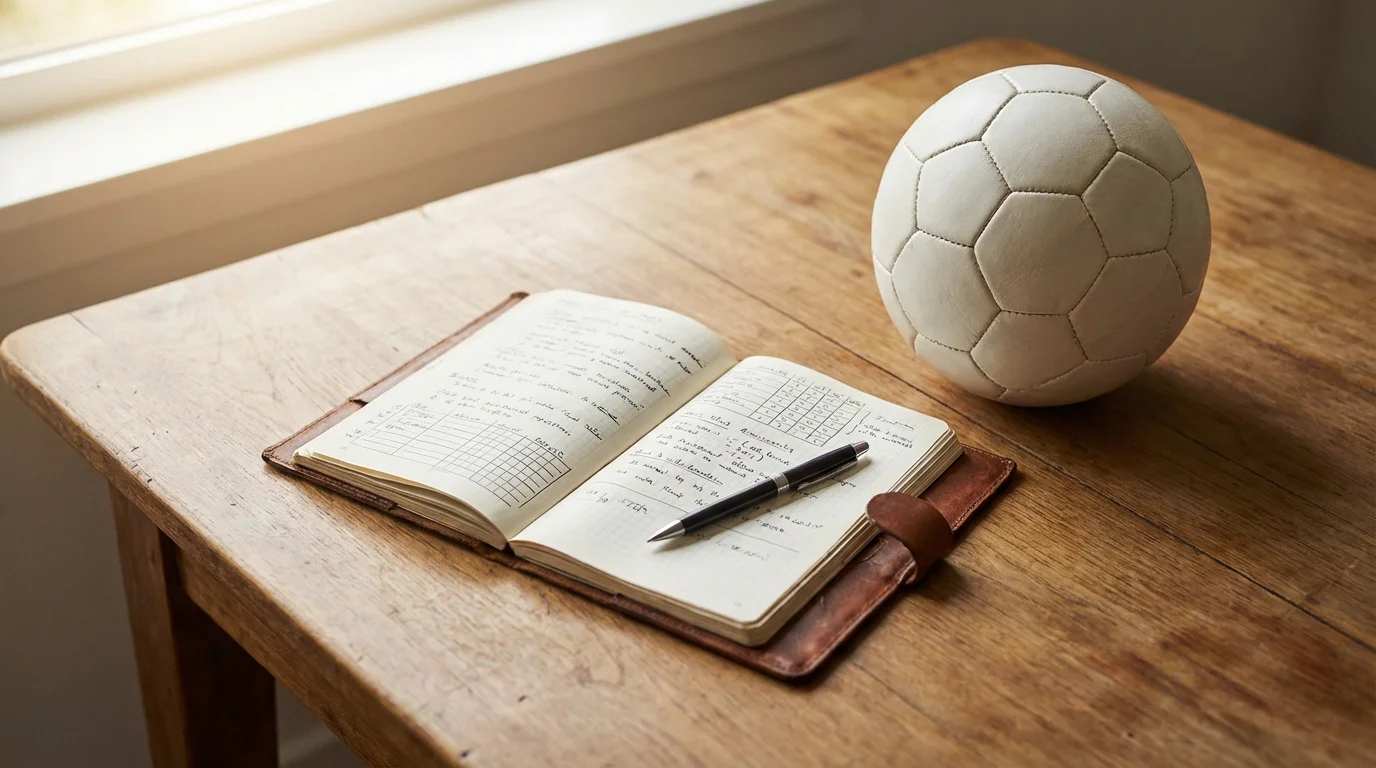 Blocco note con penna su una scrivania di legno accanto a un pallone da calcio in luce naturale