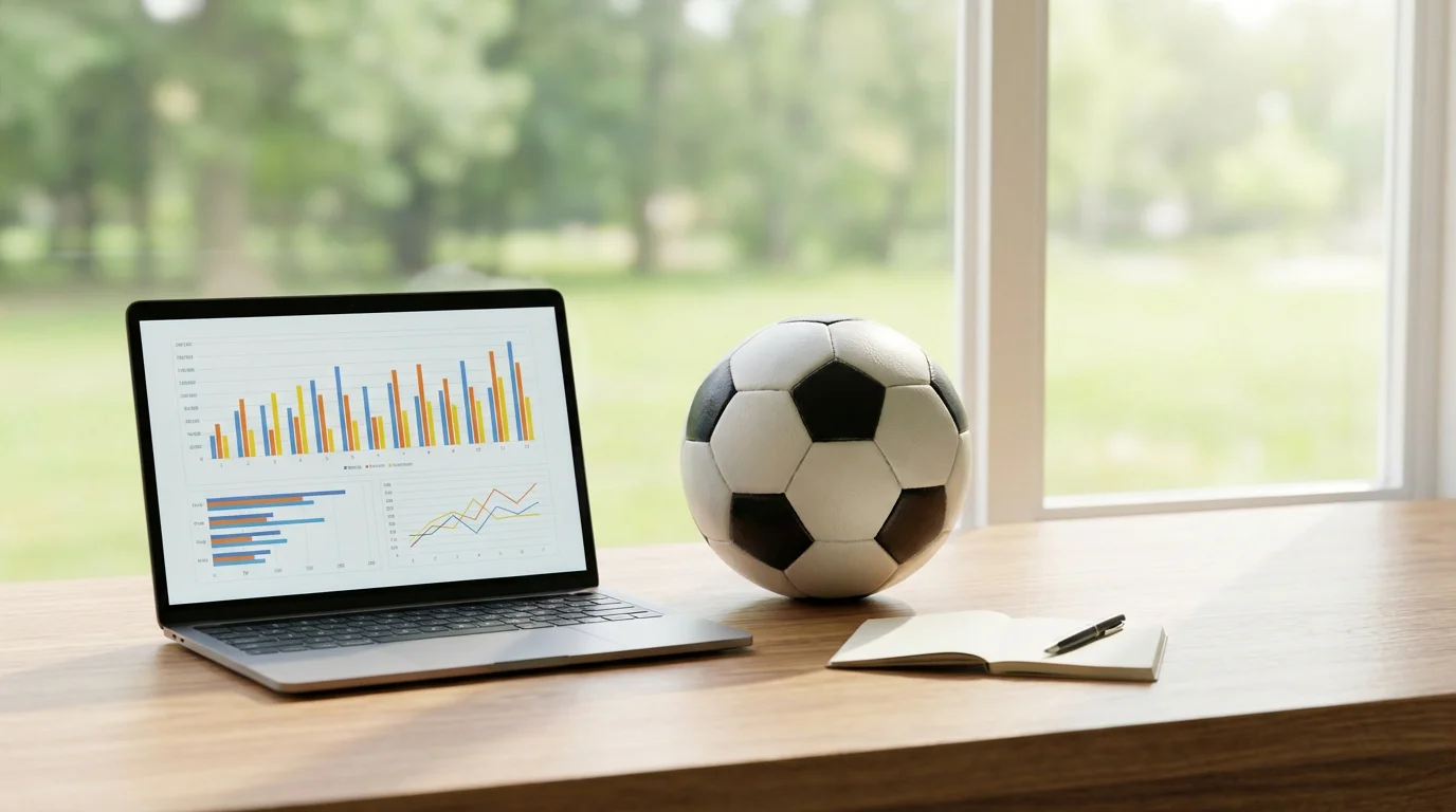 Schermo di laptop con grafici statistici e un pallone da calcio sulla scrivania
