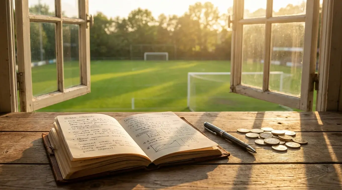 Quaderno con appunti e penna su un tavolo accanto a un campo da calcio in erba