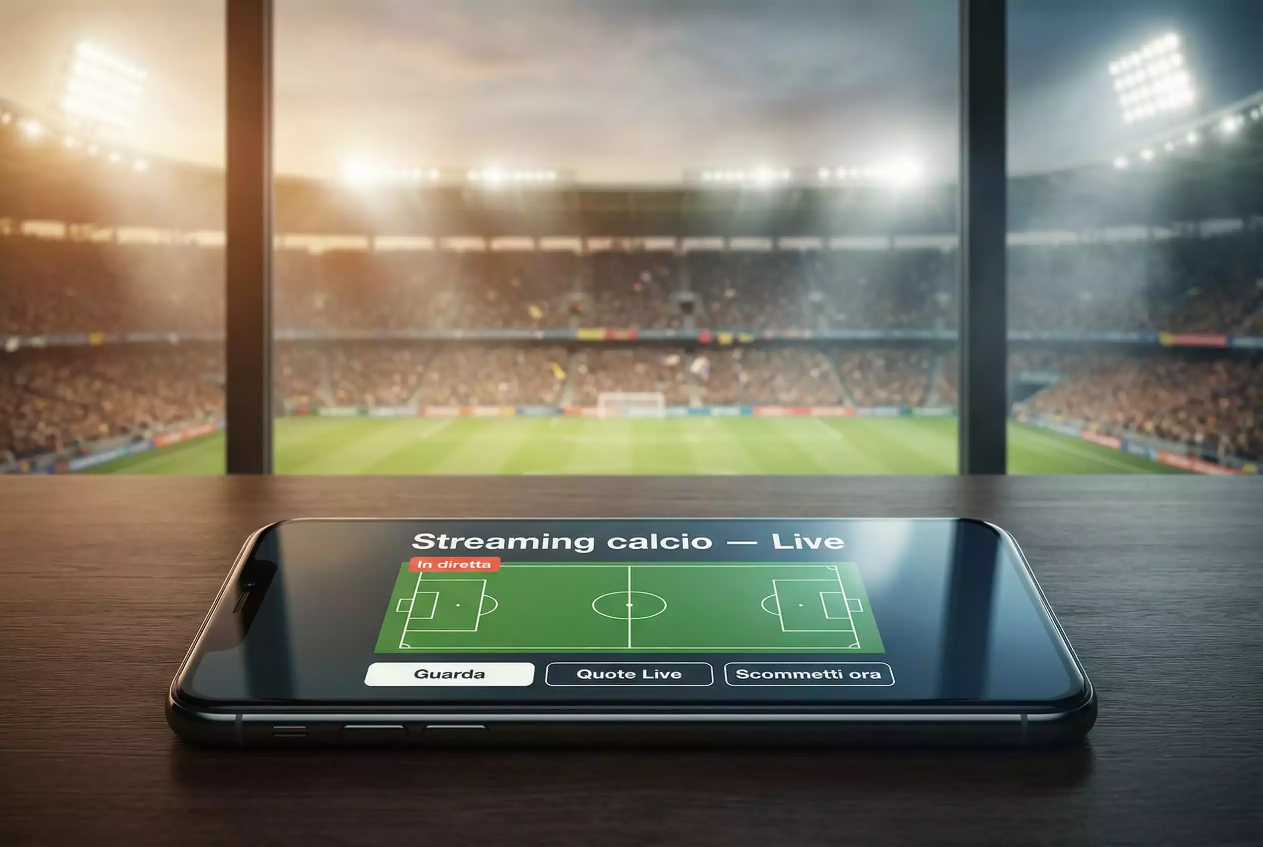 Smartphone che mostra una partita di calcio in diretta appoggiato su un tavolo con stadio illuminato sullo sfondo
