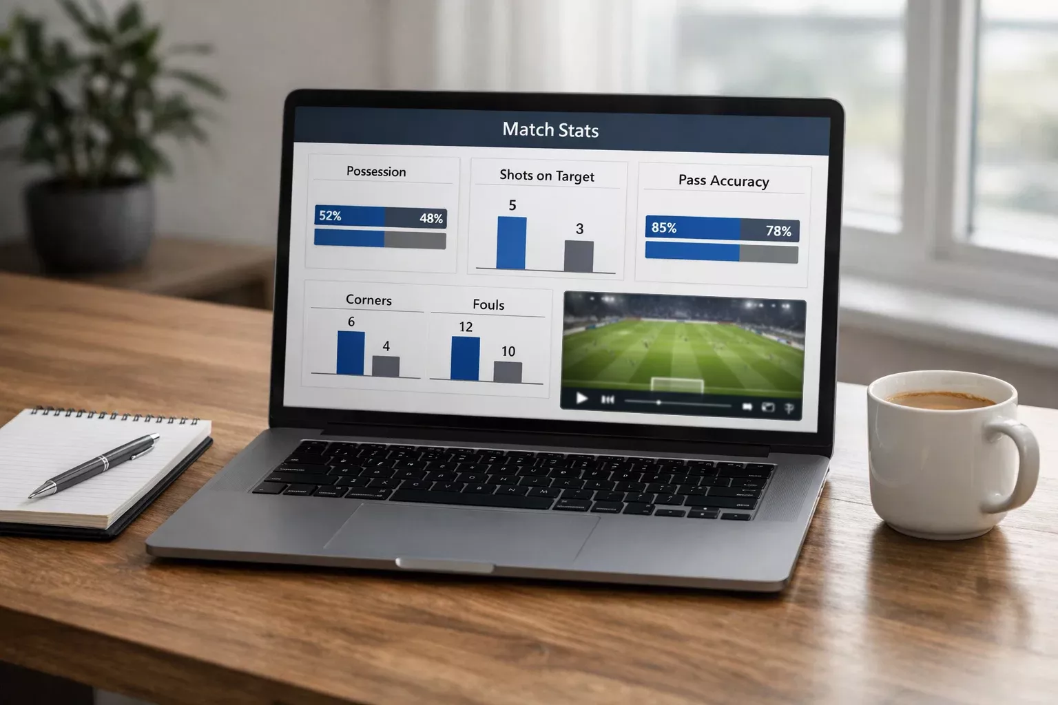 Laptop mostra statistiche di una partita di calcio in tempo reale
