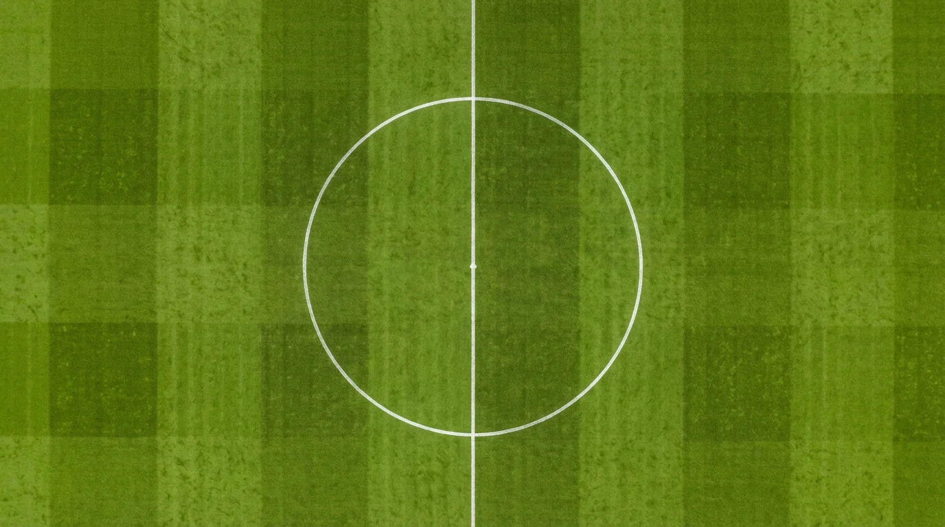 Campo di calcio in erba visto dall'alto con linee bianche ben visibili illuminato dai riflettori di sera